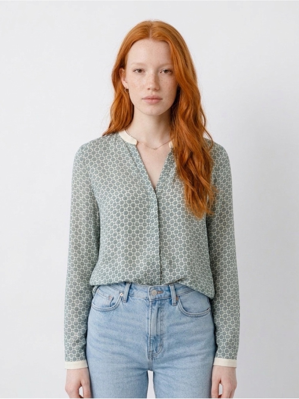 Zara 100% Mulberry Silk Floral Blouse M Ivory Teal Quiet Luxury Autumn Chic Fall - Picture 4 of 16